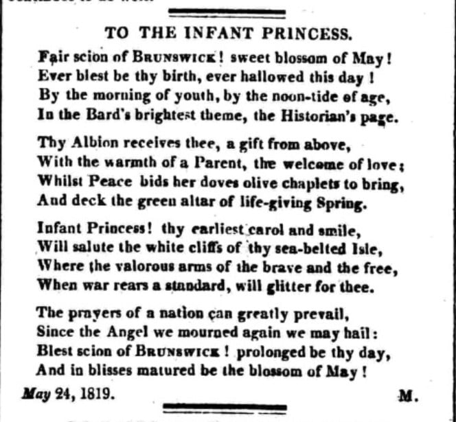 British Royal Babies - a poem about the birth of Queen Victoria published in the Morning Post