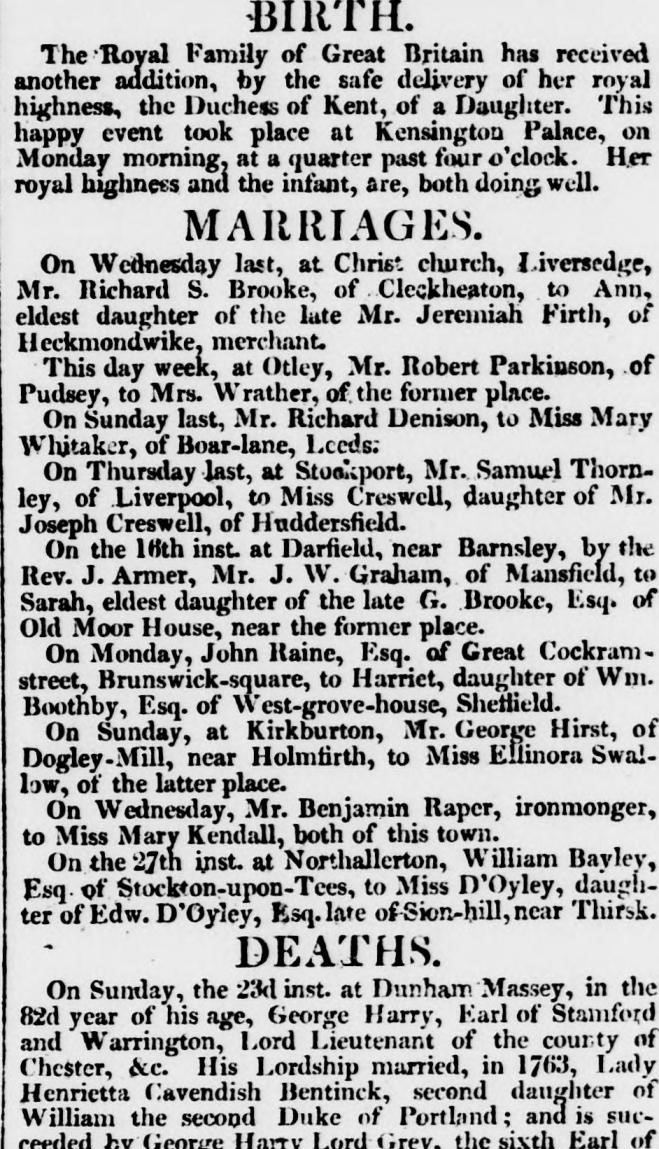 British Royal Babies - the birth of Queen Victoria announced in the Leeds Intelligencer