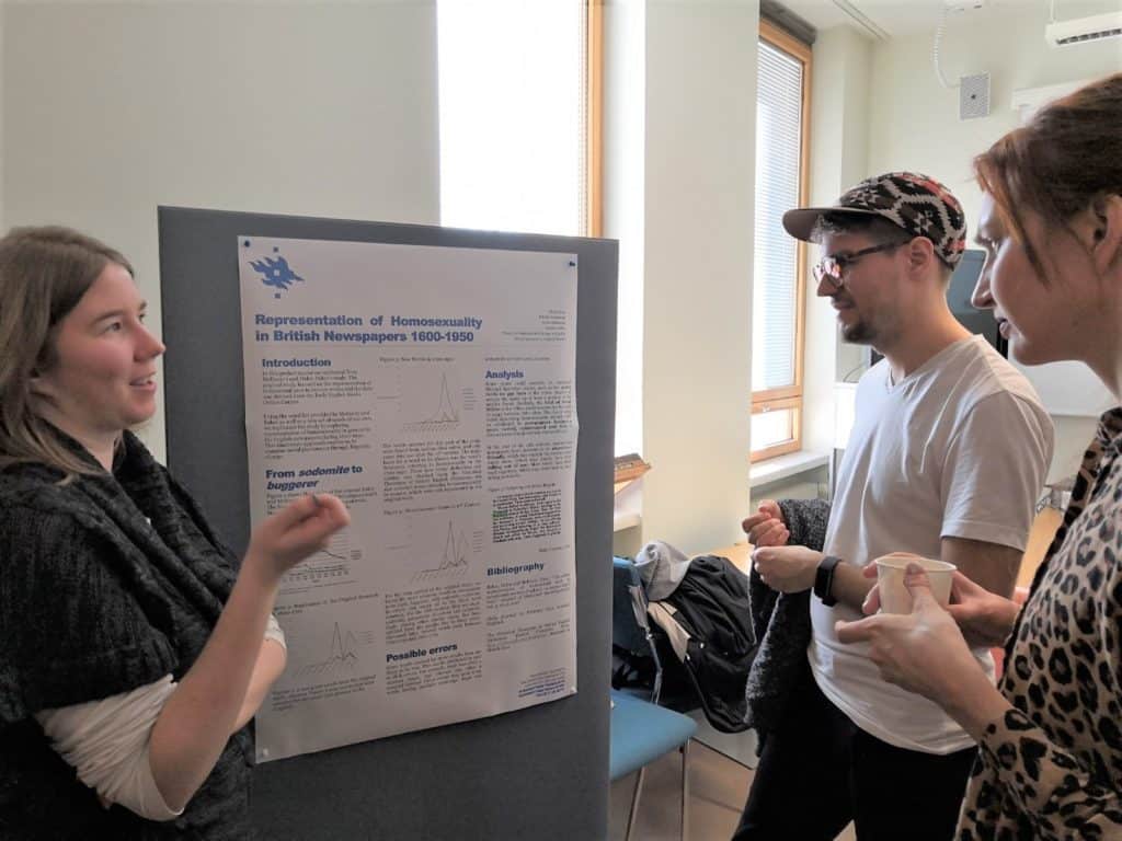 Students discussing their poster
