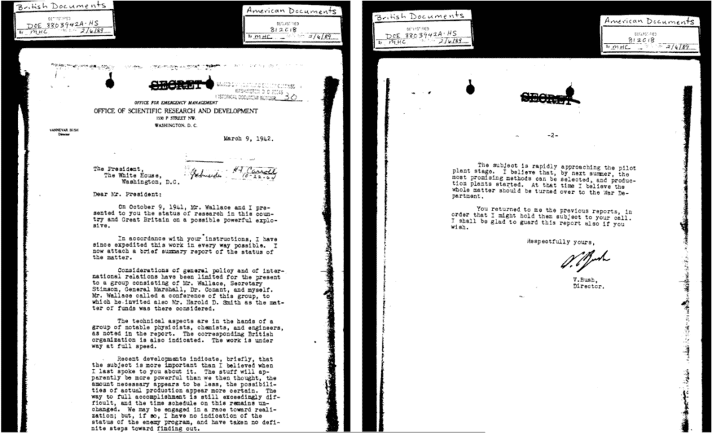 Office of Scientific Research and Development director Vannevar Bush updates President Franklin D. Roosevelt on progress in technical research on the effectiveness of uranium bombs. White House, 9 Mar. 1942. U.S. Declassified Documents Online