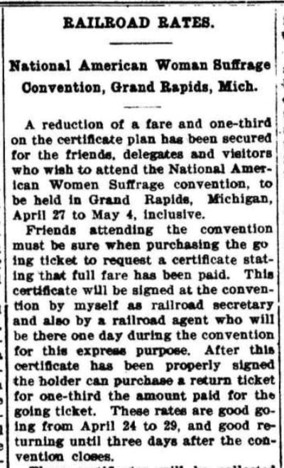 article about Rail road rates in The Woman's Standard, Vol. XII, Issue, 2, April, 1899. N.p., Apr. 1899