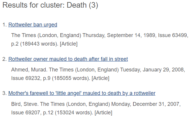 Image of search results which appear when one clicks the 'Death' tile in the visualisation