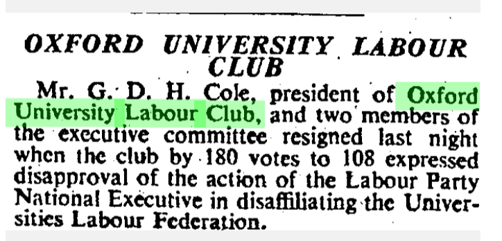 "Oxford University labour club" - "Various." Times, 25 Apr. 1940, p. 8. The Times Digital Archive