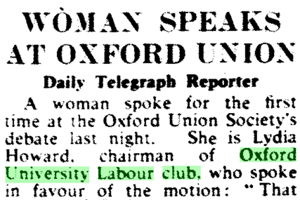 "Woman Speaks at Oxford Union" -  Daily Telegraph Reporter. "Woman Speaks at Oxford Union." Daily Telegraph, 23 Feb. 1962, p. 24. The Telegraph Historical Archive