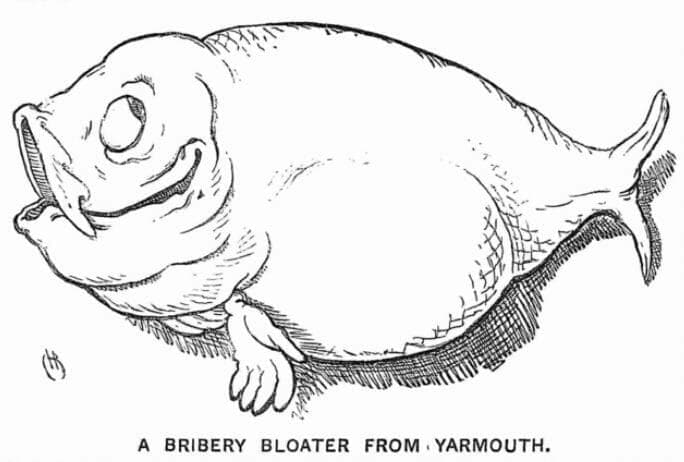 A Bloater (fish) from Yarmouth, drawing. "The Utilisation of Bribery." Punch, October 13, 1866, 150. Punch Historical Archive, 1841-1992