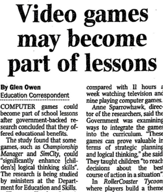 Screenshot of  Owen, Glen. "Video games may become part of lessons." Times, 18 Mar. 2002, p. 9