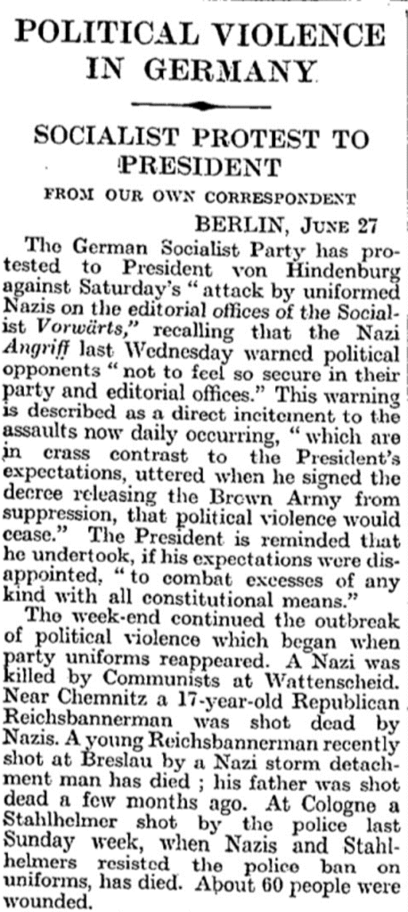 "Political Violence In Germany." Times, 28 June 1932, p. 13. The Times Digital Archive,