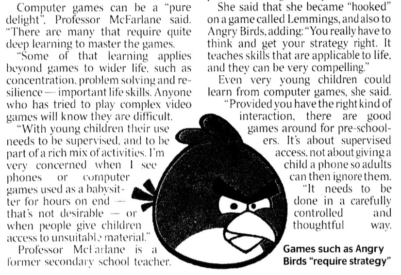 Screenshot from Woolcock, Nicola. "Angry Birds teaches pupils life skills, says schools chief." Times, 6 May 2014, p. 11. The Times Digital Archive