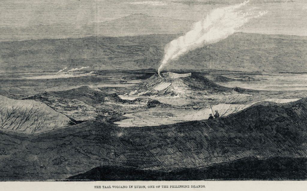 A picture containing outdoor, water, ground, man

 “The Taal Volcano in the Philippine Islands.” Illustrated London News, 4 Feb. 1860, p. 109.  The Illustrated London News Historical Archive, 1842-2003