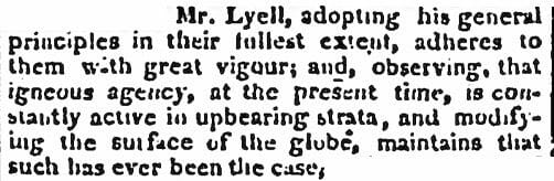 The London Atheneum. "Principles of Geology. By Charles Lyell, F. R. S. Prof. Of Geol. To King's College, Vol. III London' Murray." United States Telegraph, 15 Aug. 1833. Nineteenth Century U.S. Newspapers,