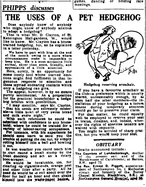  "The Uses of a Pet Hedgehog." Daily Mail, 16 June 1933, p. 9. Daily Mail Historical Archive, 1896-2004, 