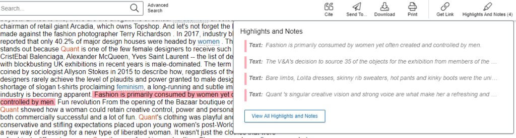 Screenshot of Highlight Text tool in Gale General OneFile