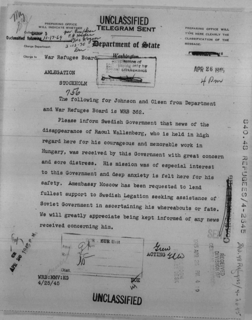 US Unclassified telegram referencing Raoul Wallenberg. 
U.S. State Department Records Related to Problems Affecting European Refugees, April 26 1945 File. April 24-26, 1945. TS Records of the Department of State Relating to the Problems of Relief and Refugees in Europe Arising from World War II and Its Aftermath, 1938-1949. National Archives (United States). Refugees, Relief, and Resettlement: Forced Migration and World War II,