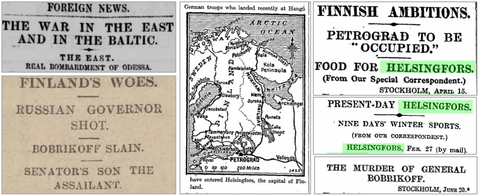 Montage of newspaper articles about Finland War History