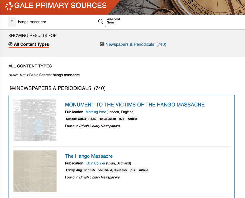 Gale Primary Sources interface.  Gale Primary Sources include plenty of material about the “Hango massacre”, a military clash between the English and the Russian during the Crimean War. 