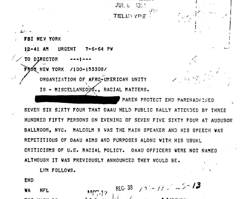 Example document from the FBI File on the Organization of Afro-American Unity, referring to a Rally for 360 people where Malcolm X spoke.