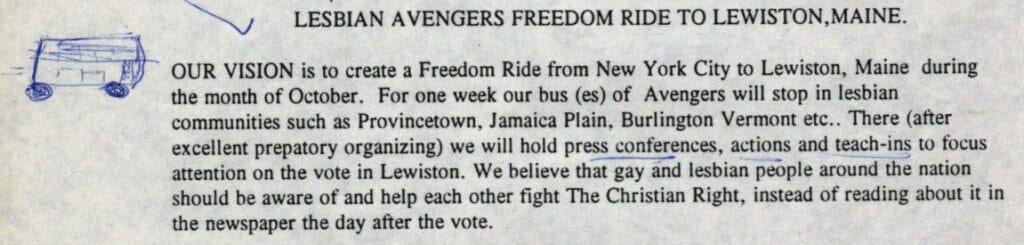 Freedom Ride Itinerary document, includin a doodle of the bus to Maine!