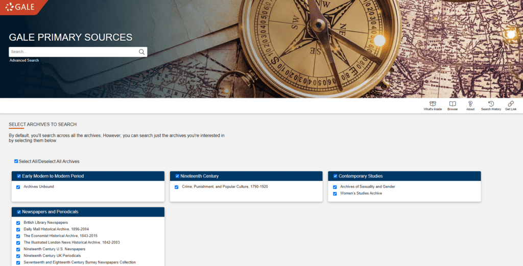 The Gale Primary Sources homepage for Portsmouth University Students. The layout is the same at other institutions – just the range of archives available will differ.