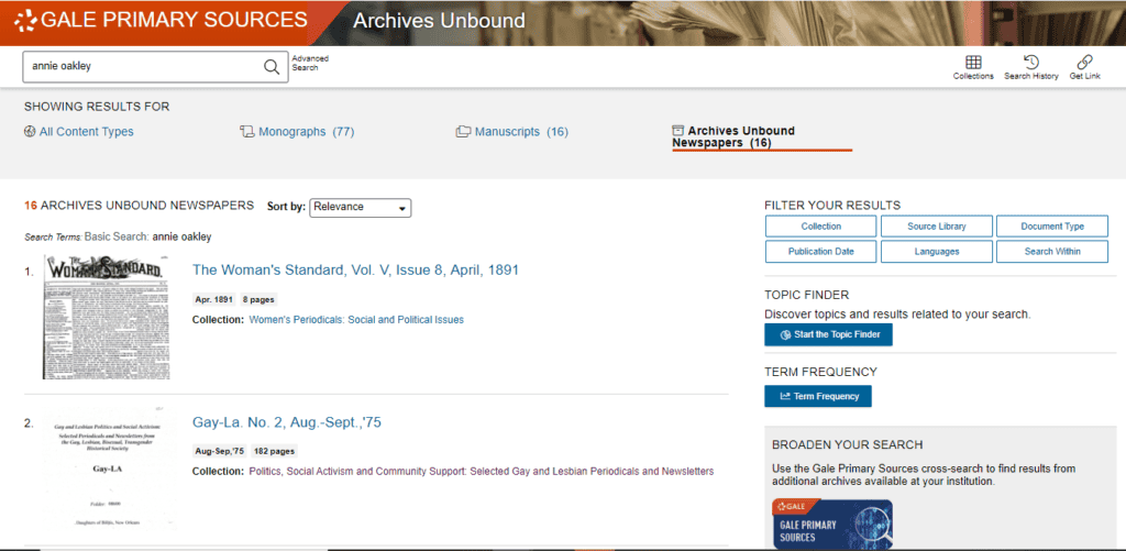 Screenshot of search results in Archives Unbound - Archives Unbound enables a user to cross-reference their search with Gale Primary Sources.