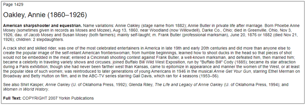 Screenshot from "Oakley, Annie (1860–1926)." Dictionary of Women Worldwide: 25,000 Women Through the Ages