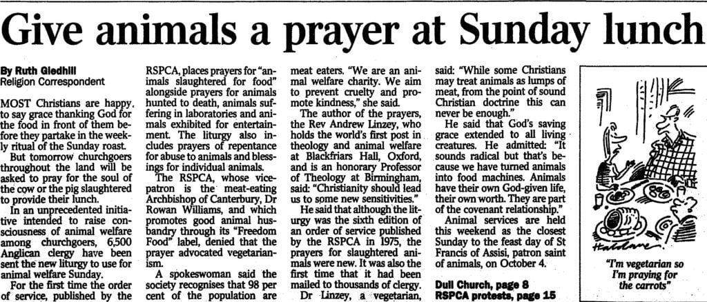 Study Tip - find current affairs angles in newspapers. Gledhill, Ruth. "Give animals a prayer at Sunday lunch." Times, 2 Oct. 2004, p. [1]. The Times Digital Archive, 