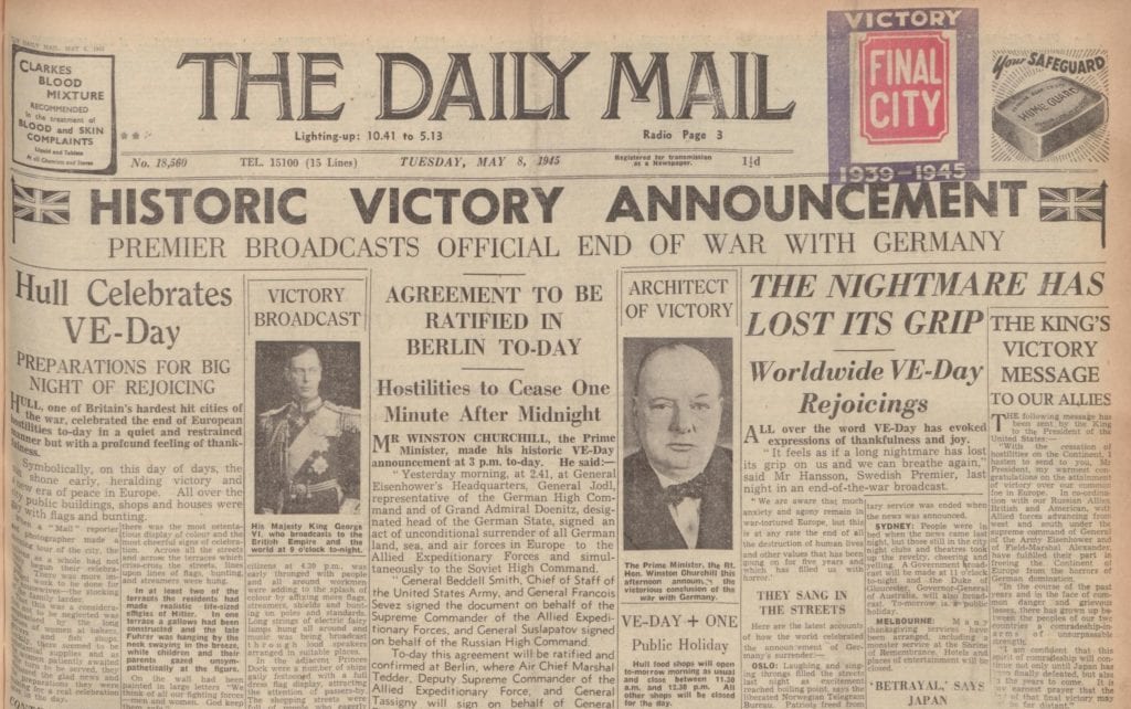 Front Page of the Hull Daily Mail, 8 May 1945, on VE Day