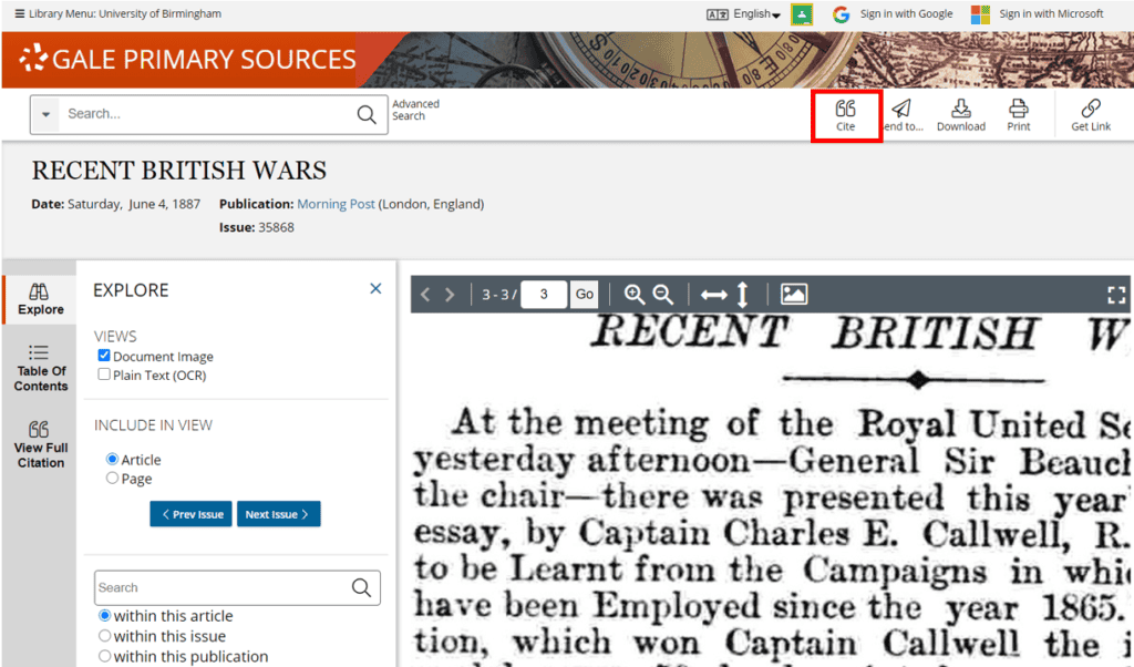 The Citation Tools feature in Gale Primary Sources provides citations for all documents on the platform. Just click the "Cite" button above the primary source.