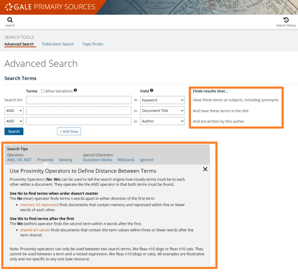 The new Advanced Search features on the Gale Primary Sources platform