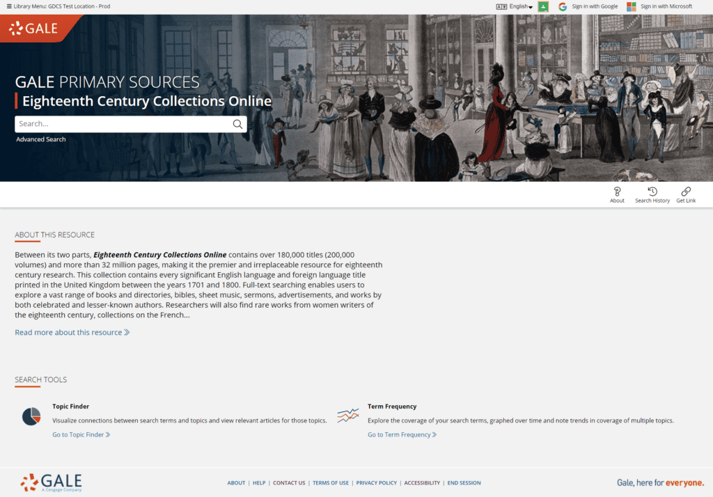 Eighteenth Century Collections Online homepage in the new experience.