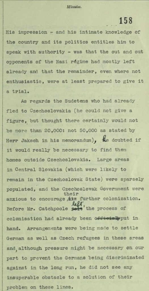 Part of a report from British diplomat Basil Newton on the mass resettlement of Sudetens from the Sudetenland into Czechoslovakia. 
