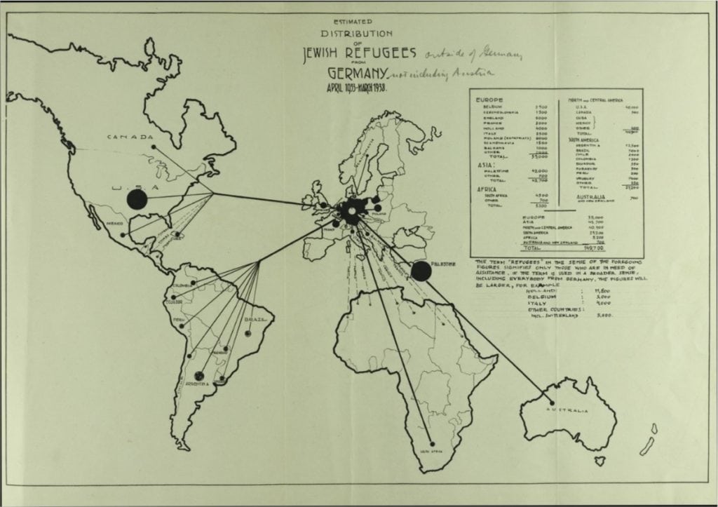 One of several maps documenting the Jewish exodus from Germany just prior to the onset of World War II. 