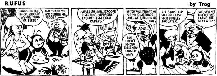 Cartoon strip.
Trog. "Rufus." Daily Mail, 10 July 1951, p. 6. Daily Mail Historical Archive