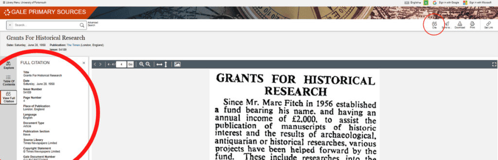 Screenshot of Gale Primary Sources with Citation Tools highlighted.