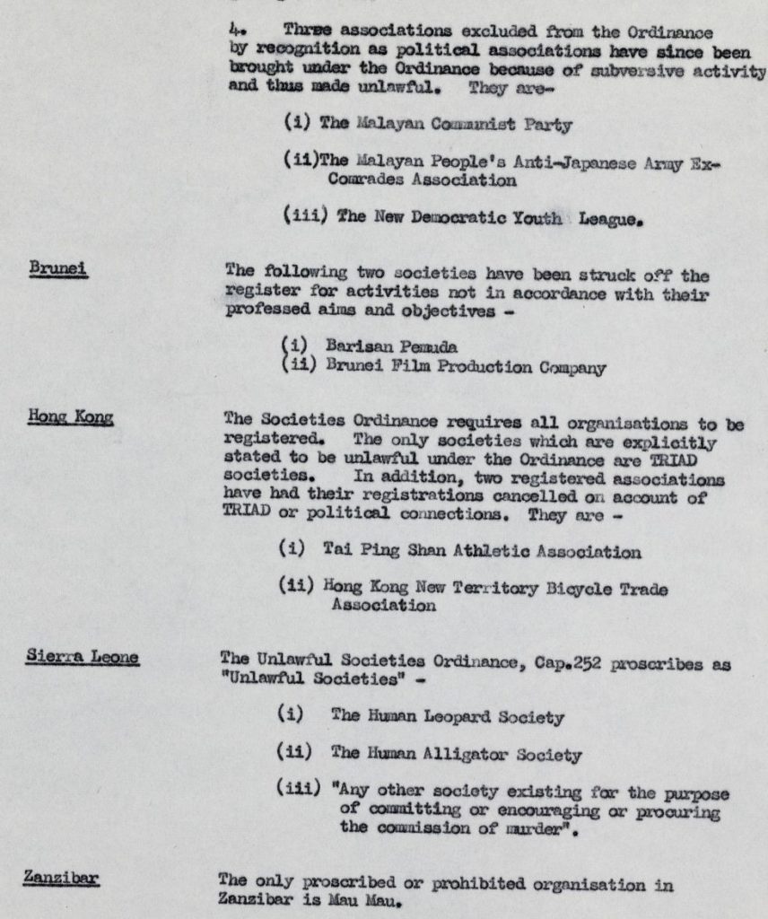 Click the link to access the OCR transcript.
Organisations proscribed or prohibited in colonial territories. (January 1-December 31, 1956). CO 1035/131. The National Archives (Kew, United Kingdom). 