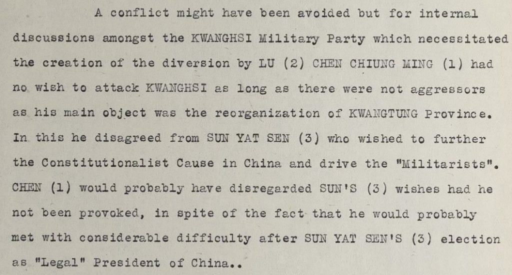 Screenshot of consul-general in Canton’s report to British Foreign Office about the disagreement between Sun Yat-sen and Chen Chiung-ming.