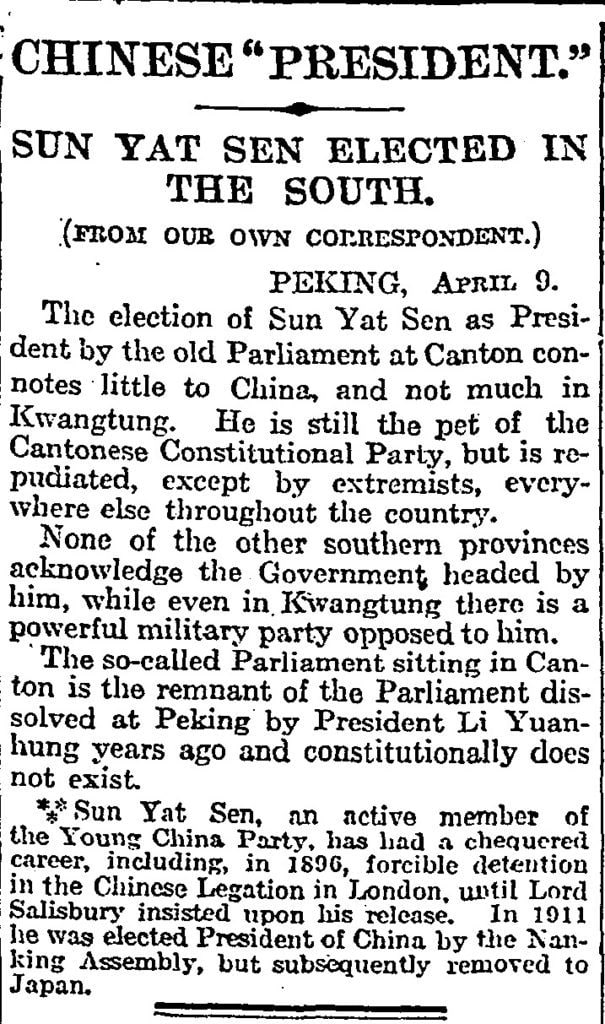 Coverage by The Times of the election of Sun Yat-sen as President