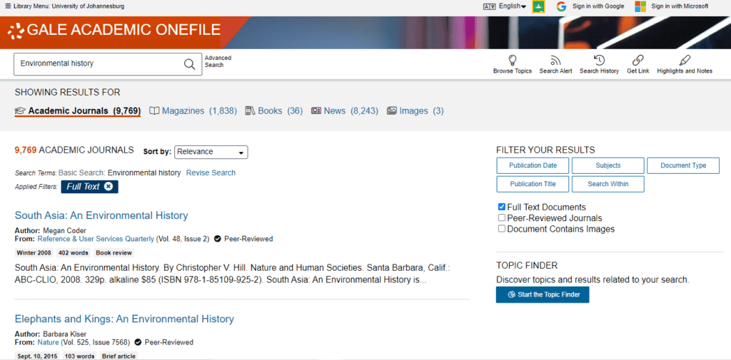  A screenshot of the Environmental history journal articles found in Gale Academic OneFile.