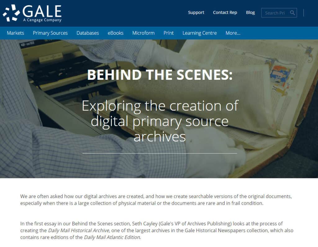 Screenshot of "Behind the Scenes" webpage on Gale.com/intl