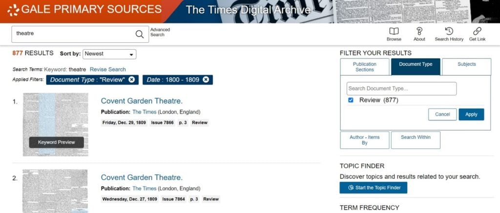 A screenshot showing the search criteria I used in The Times Digital Archive.