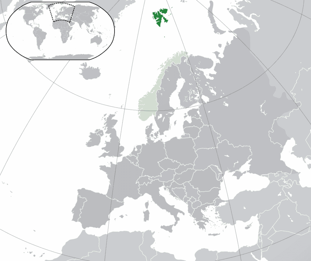A map showing the location of Svalbard (dark green) and the rest of Norway (light green) in Europe. Svalbard, previously known as previously known as Spitsbergen or Spitzbergen, is about midway between the northern coast of Norway and the North Pole. Map available at: https://commons.wikimedia.org/wiki/File:Norway-Svalbard.svg