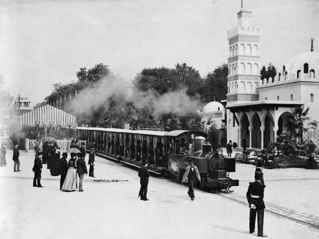 Railroad train at the Paris Exposition, 1889, in front of the Pavilion of Algeria.
