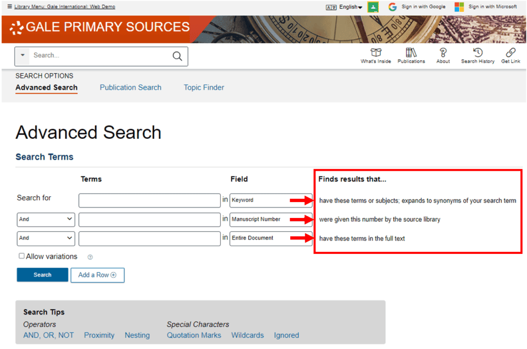 A screenshot of the Gale Primary Sources Advanced Search, with the search filter descriptions highlighted.