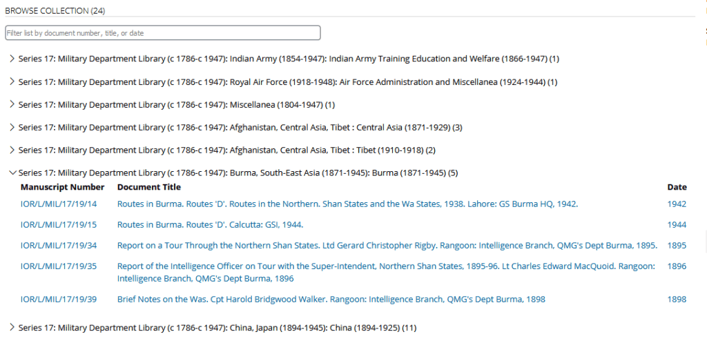 A screenshot of the new Browseable Finding Aids available in Gale Primary Sources. Please note, these differ between archives.