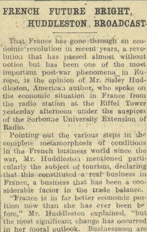 "French Future Bright, Huddleston Broadcast." New York Herald [European Edition], 8 Apr. 1927, p. 3. International Herald Tribune Historical Archive, 1887-2013, https://link.gale.com/apps/doc/GYFZZK618155215/IHTO?u=webdemo&sid=bookmark-IHTO&xid=a936b20f