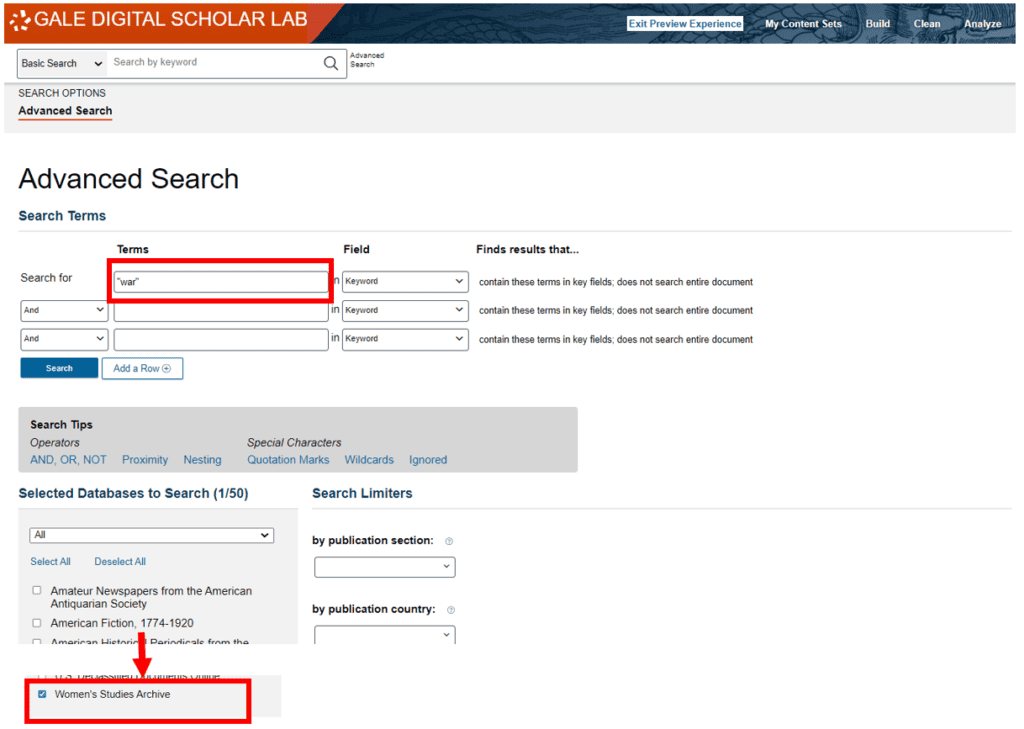 Users can search directly in the Gale Digital Scholar Lab for their search term, using the Advanced Search Filters to select a specific archive ….
