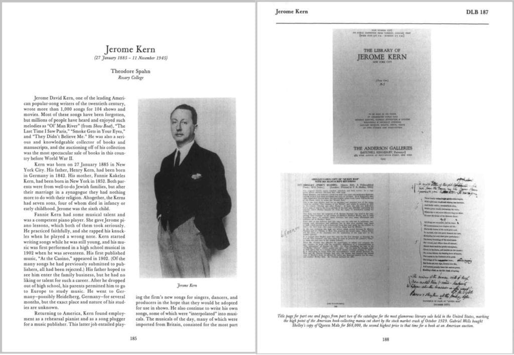 From the Jerome Kern entry in DLB Vol. 187: American Book Collectors and Bibliographers: Second Series.  