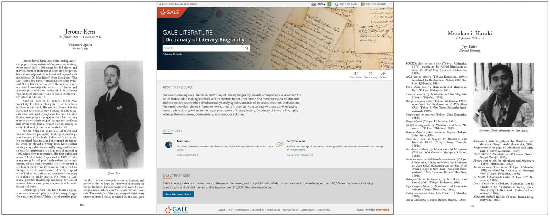 Examples from Dictionary of Literary Biography, and online product interface