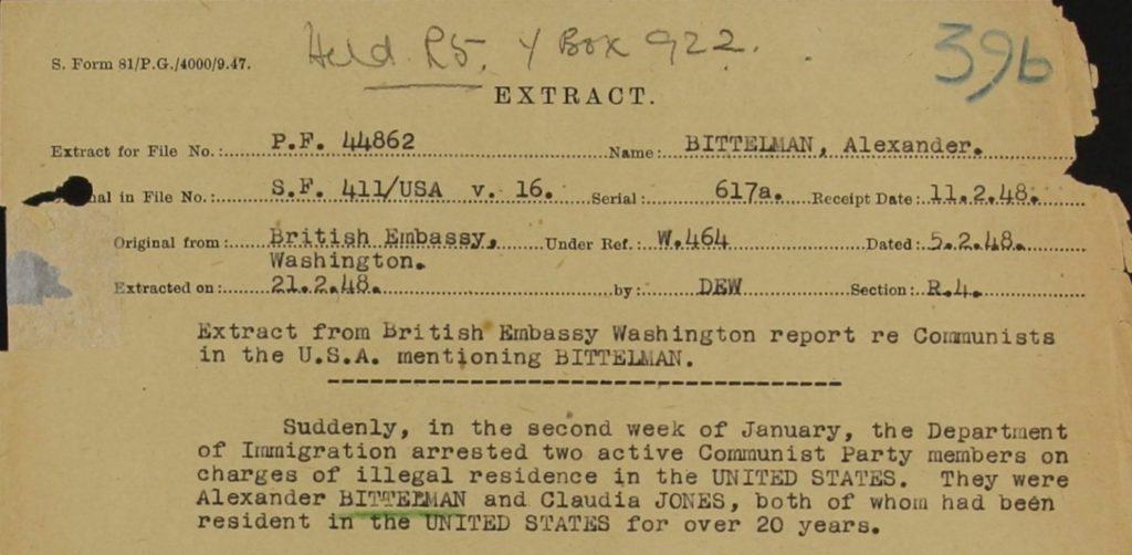 Document showing Claudia Jones was arrested in 1948