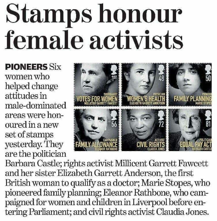 "Stamps honour female activists." Independent, 14 Oct. 2008, p. 10. The Independent Historical Archive, https://link.gale.com/apps/doc/FQ4201697610/GDCS?u=webdemo&sid=bookmark-GDCS&xid=e967af69