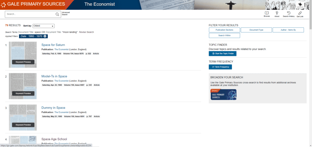  A screenshot showing the search criteria I used in The Economist Historical Archive, 1843-2020. 